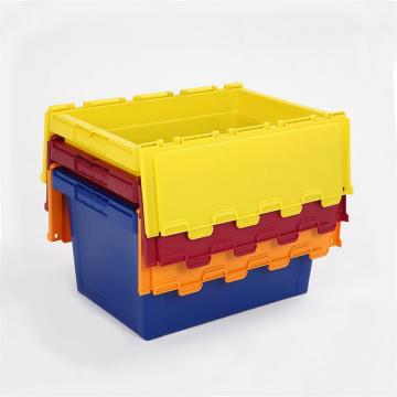 Transporting Plastic Stack and Nest Moving Container with Attached Lid